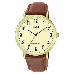   Q&Q férfi karóra, quartz, arany színű tok, barna színű bőrszíj, sárga számlap  C43A-004PY