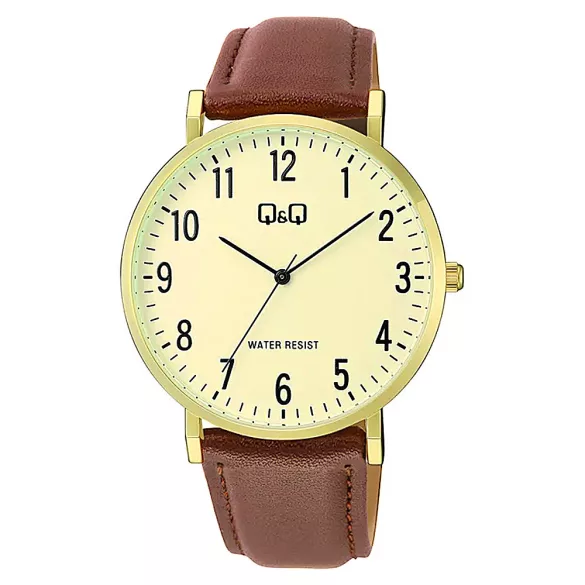 Q&Q férfi karóra, quartz, arany színű tok, barna színű bőrszíj, sárga számlap  C43A-004PY