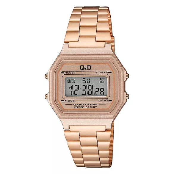 Q&Q digitális karóra, rózsaarany színű tok, rózsaarany színű fémcsat, LCD kijelzés,  G17A-004JY