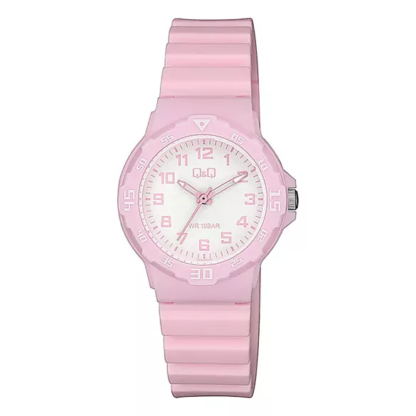 Q&Q gyerek karóra, quartz, rózsaszín színű műanyag tok, rózsaszín színű műanyag szíj, fehér számlap  V07A-007VY