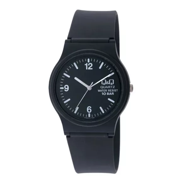 Q&Q unisex műanag karóra, quartz, fekete színű műanyag tok, fekete színű műanyag szíj, fekete színű számlap, 100m vízállóság, VP46J011Y