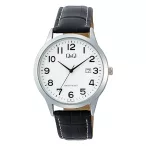   Q&Q férfi karóra, quartz, ezüst színű fémtok, fehér számlap, fekete színű bőrszíj A44A-004PY