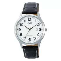   Q&Q férfi karóra, quartz, ezüst színű fémtok, fehér számlap, fekete színű bőrszíj A44A-004PY