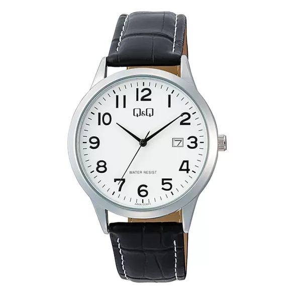 Q&Q férfi karóra, quartz, ezüst színű fémtok, fehér számlap, fekete színű bőrszíj A44A-004PY