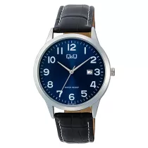   Q&Q férfi karóra, quartz, ezüst színű fémtok, kék számlap, fekete színű bőrszíj A44A-005PY