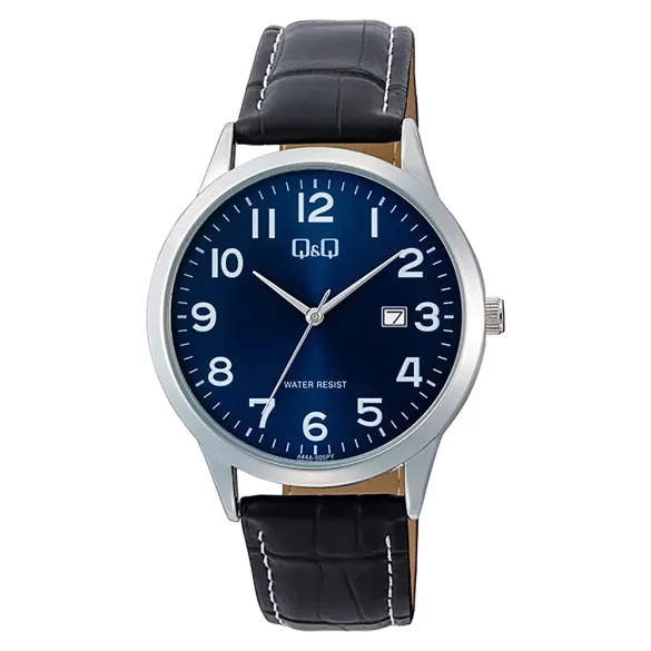 Q&Q férfi karóra, quartz, ezüst színű fémtok, kék számlap, fekete színű bőrszíj A44A-005PY