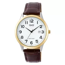   Q&Q férfi karóra, quartz, bicolor színű fémtok, fehér számlap, barna színű bőrszíj A44A-007PY