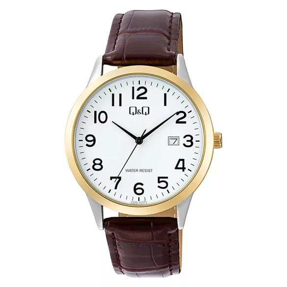 Q&Q férfi karóra, quartz, bicolor színű fémtok, fehér számlap, barna színű bőrszíj A44A-007PY