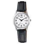   Q&Q női karóra, quartz, ezüst színű fémtok, fehér számlap, fekete színű bőrszíj  A45A-004PY