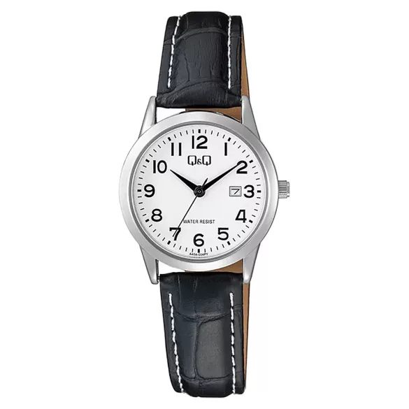 Q&Q női karóra, quartz, ezüst színű fémtok, fehér számlap, fekete színű bőrszíj  A45A-004PY