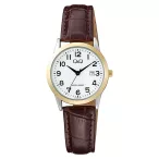   Q&Q női karóra, quartz, bicolor színű fémtok, barna színű bőrszíj, fehér számlap A45A-007PY