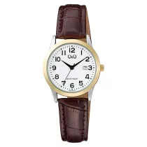   Q&Q női karóra, quartz, bicolor színű fémtok, barna színű bőrszíj, fehér számlap A45A-007PY
