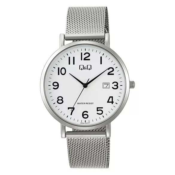 Q&Q karóra férfi, quartz, ezüst színű fémtok, ezüst színű acél csat (mesh band), fehér számlap A46A-001PY