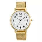   Q&Q férfi karóra, quartz, arany színű fém tok, arany színű acél csat (mesh band), fehér számlap A46A-002PY