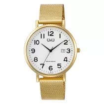   Q&Q férfi karóra, quartz, arany színű fém tok, arany színű acél csat (mesh band), fehér számlap A46A-002PY