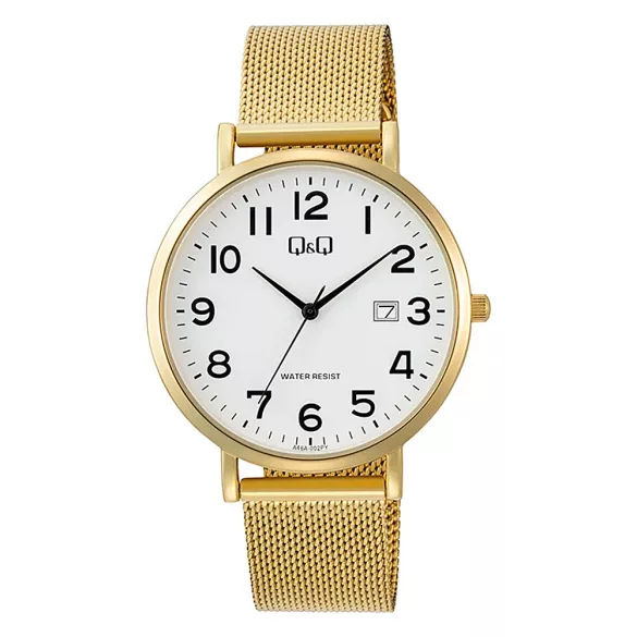 Q&Q férfi karóra, quartz, arany színű fém tok, arany színű acél csat (mesh band), fehér számlap A46A-002PY