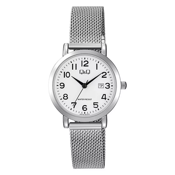 Q&Q női karóra, quartz, ezüst színű fémtok, ezüst színű fémcsat (mesh band), fehér számlap A47A-001PY
