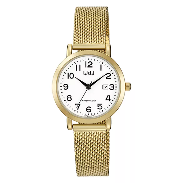 Q&Q női karóra, quartz, arany színű fémtok, arany színű fémcsat (mesh band), fehér számlap A47A-002PY