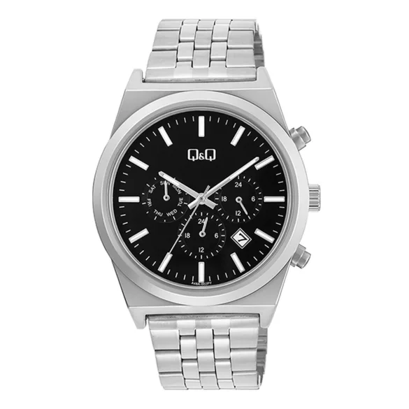 Q&Q férfi karóra, ezüst színű fémtok, ezüst színű fémcsat, fekete színű számlap, A48A-002PY