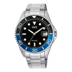   Q&Q férfi karóra, ezüst színű fémtok, ezüst színű fémcsat, fekete színű számlap, A49A-002PY