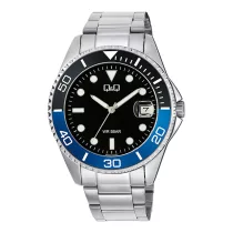   Q&Q férfi karóra, ezüst színű fémtok, ezüst színű fémcsat, fekete színű számlap, A49A-002PY