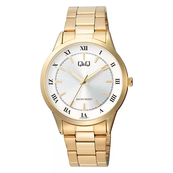 Q&Q férfi karóra, quartz, arany színű fémtok, arany színű nemesacél csat, ezüst-fehér számlap C10A-048PY
