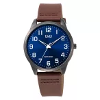   Q&Q férfi karóra, quartz, fekete színű fémtok, kék számlap, barna színű bőrszíj C32A-003PY