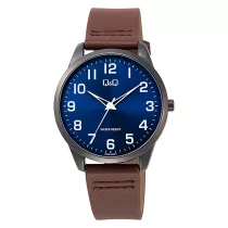   Q&Q férfi karóra, quartz, fekete színű fémtok, kék számlap, barna színű bőrszíj C32A-003PY
