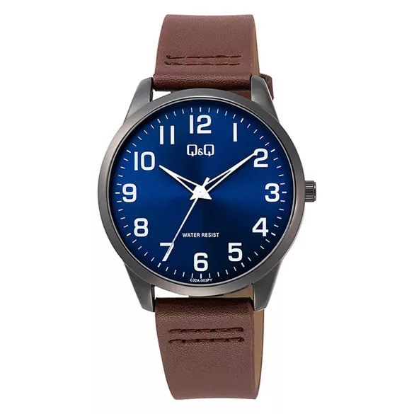 Q&Q férfi karóra, quartz, fekete színű fémtok, kék számlap, barna színű bőrszíj C32A-003PY