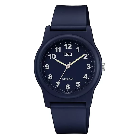 Q&Q férfi karóra, sötét kék színű műanyag tok, sötét kék színű műanyag szíj, sötét kék számlap, G22A-024VY