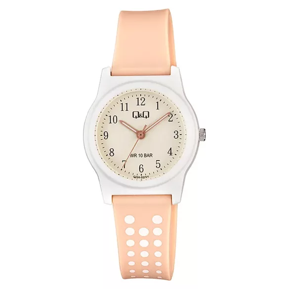 Q&Q női karóra, quartz, fehér színű műanyag tok, rózsaszín műanyag szíj, fehér számlap G23A-022VY