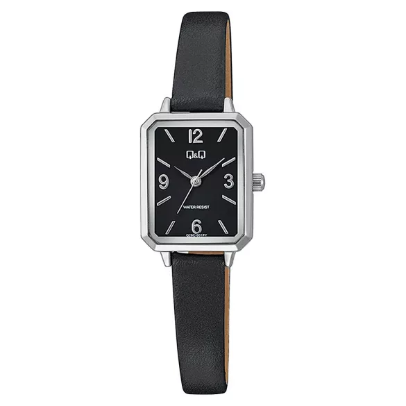 Q&Q női karóra, quartz, ezüst színű fémtok, fekete színű bőrszíj, fekete számlap Q29C-001PY