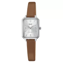   Q&Q női karóra, quartz, ezüst színű fémtok, barna színű bőrszíj, ezüst számlap, Q29C-004PY
