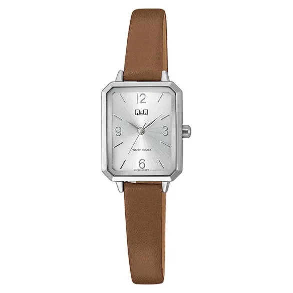 Q&Q női karóra, quartz, ezüst színű fémtok, barna színű bőrszíj, ezüst számlap, Q29C-004PY
