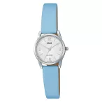   Q&Q női karóra, quartz, ezüst színű fém tok, kék színű bőrszíj, gyöngyház színű számlap Q31C-005PY