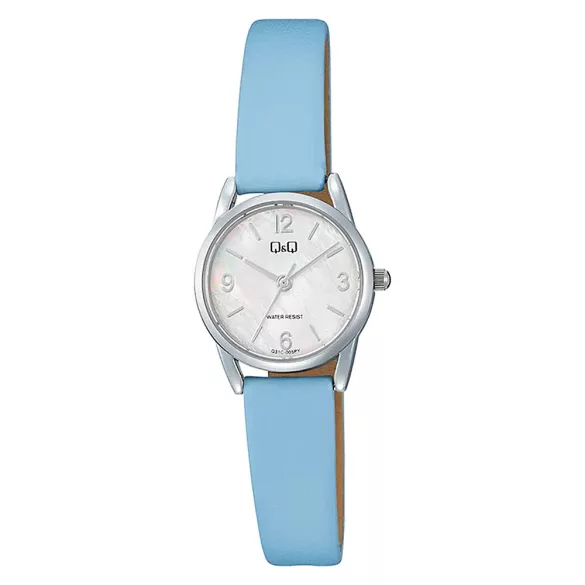 Q&Q női karóra, quartz, ezüst színű fém tok, kék színű bőrszíj, gyöngyház színű számlap Q31C-005PY