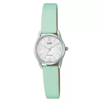  Q&Q női karóra, quartz, ezüst színű fémtok, zöld színű bőrszíj, gyöngyház színű számlap, Q31C-006PY
