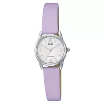   Q&Q női karóra, quartz, ezüst színű fémtok, lila színű bőrszíj, gyöngyház színű számlap Q31C-007PY