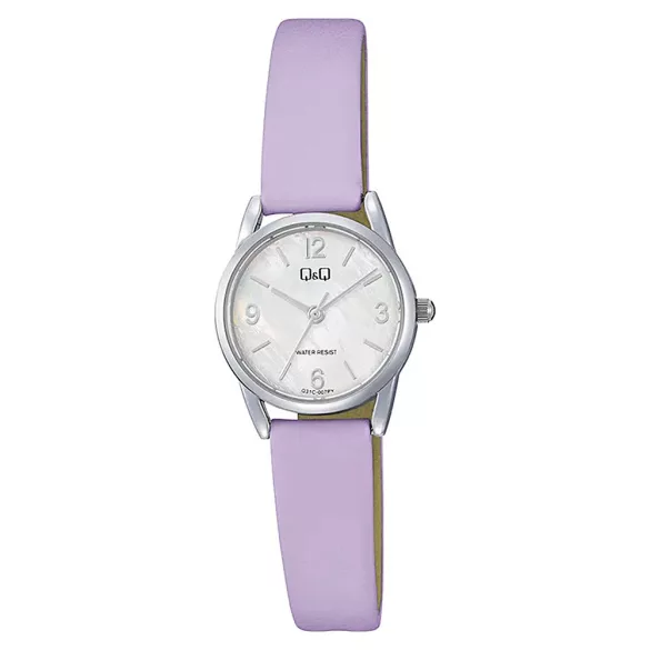 Q&Q női karóra, quartz, ezüst színű fémtok, lila színű bőrszíj, gyöngyház színű számlap Q31C-007PY