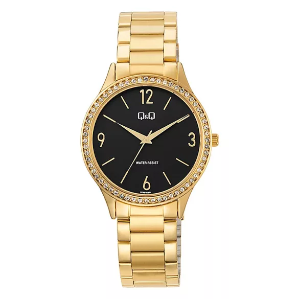 Q&Q nő karóra, quartz, arany színű fémtok, arany színű fémcsat, fekete számlap, Q75B-009PY