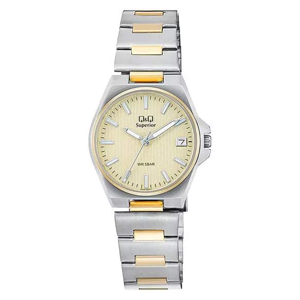 Q&Q női karóra, quartz, bicolor színű nemesacél tok, bicolor színű nemesacél csat, arany számlap (Superior) S22A-007PY