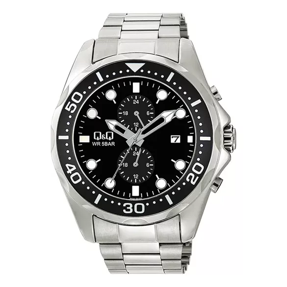 Q&Q férfi karóra, quartz, ezüst színű fémtok, ezüst színű fémcsat, fekete színű számlap, A43A-001PY