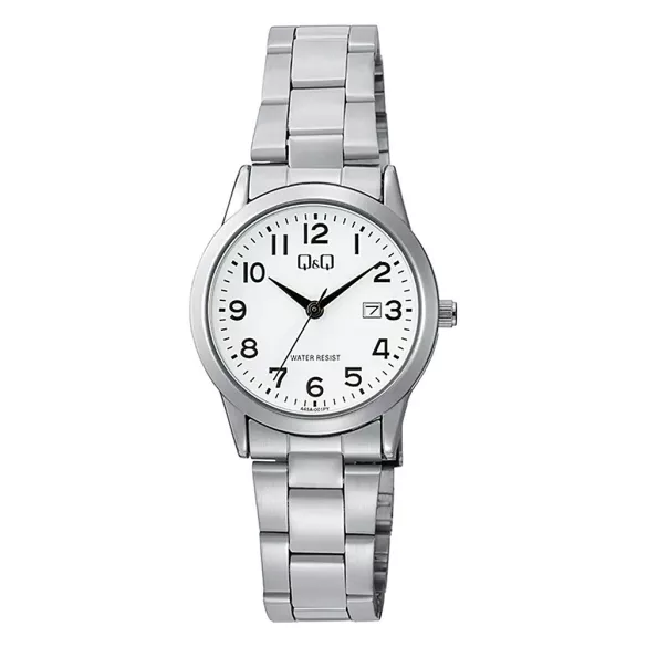 Q&Q női karóra, quartz, ezüst színű fémtok, ezüst színű fémcsat, fehér színű számlap, A45A-001PY