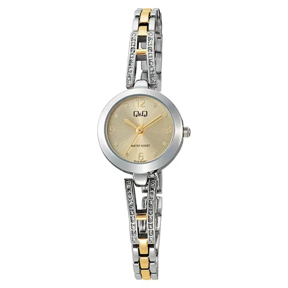 Q&Q női ékszeróra, quartz, ezüst színű fémtok, bicolor színű fémcsat, arany színű számlap, F07A-003PY