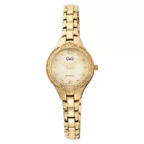   Q&Q női ékszeróra, quartz, arany színű fémtok, arany színű fémcsat, pezsgő színű számlap, F14A-001PY