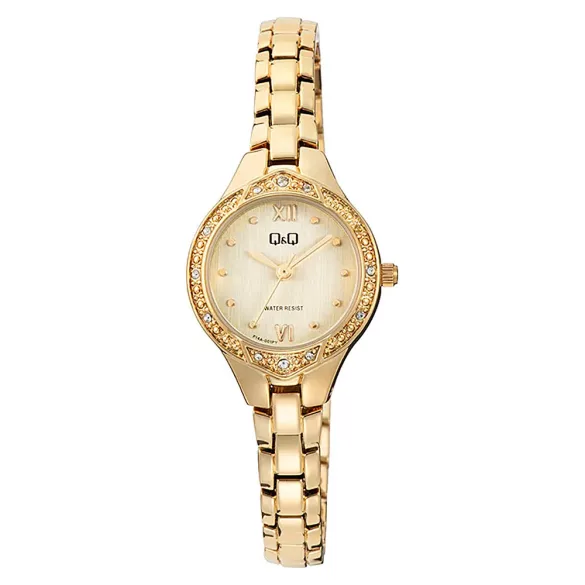 Q&Q női ékszeróra, quartz, arany színű fémtok, arany színű fémcsat, pezsgő színű számlap, F14A-001PY