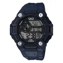   Q&Q férfi karóra, quartz, LCD kijelzés, kék és fekete színű műanyag tok, kék színű műanyag szíj, G18A-004VY