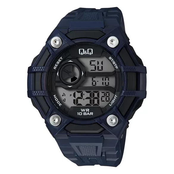 Q&Q férfi karóra, quartz, LCD kijelzés, kék és fekete színű műanyag tok, kék színű műanyag szíj, G18A-004VY