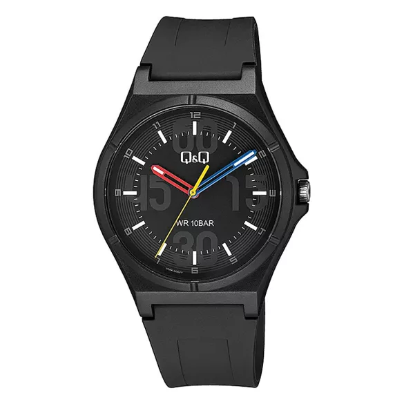Q&Q férfi karóra, quartz, fekete színű műanyag tok, fekete színű műanyag szíj, fekete számlap, V04A-006VY