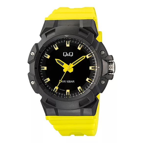Q&Q férfi karóra, quartz, fekete színű műanyag tok, sárga színű műanyag szíj, fekete színű számlap, V40A-003VY